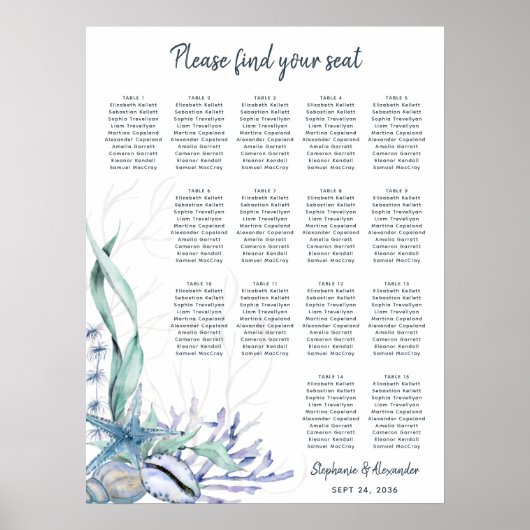 Waterverf Beach Ocean 15 Wedding Zitplaatsen Grafi Poster (Voorkant)