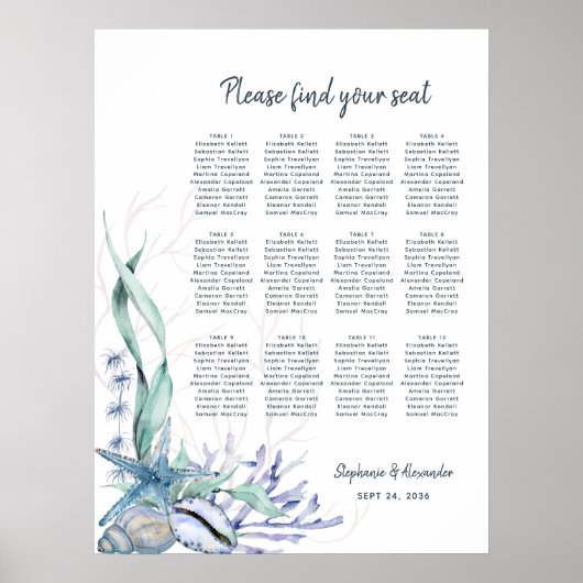 Waterverf Beach Ocean Blue Wedding Zitplaatsen Gra Poster (Voorkant)