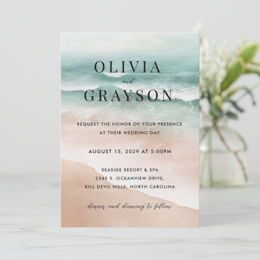 Waterverf Beach Ocean bruiloft uitnodiging (Staand voorkant)