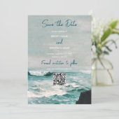Waterverf Beach Ocean Monogram Weddenschap QR Code Save The Date (Staand voorkant)