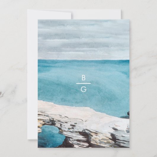 Waterverf Beach Ocean Monogram Weddenschap QR Code Save The Date (Achterkant)