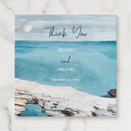 Waterverf Beach Ocean Waves Monogram Weddenschap Bedankjes Labels