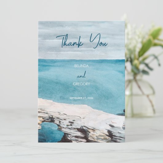 Waterverf Beach Ocean Waves Monogram Weddenschap Bedankkaart (Staand voorkant)