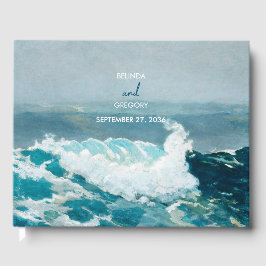 Waterverf Beach Ocean Waves Monogram Weddenschap Gastenboek