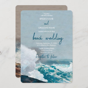 Waterverf Beach Ocean Waves Monogram Weddenschap Kaart