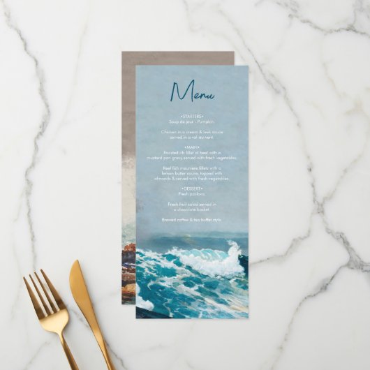 Waterverf Beach Ocean Waves Monogram Weddenschap Menu (Voorkant / Achterkant in situ)