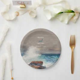 Waterverf Beach Ocean Waves Monogram Weddenschap Papieren Bordje