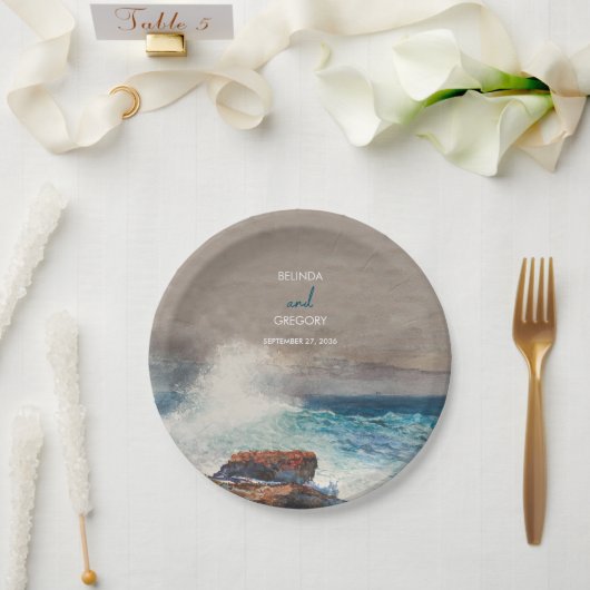 Waterverf Beach Ocean Waves Monogram Weddenschap Papieren Bordje (Huwelijk)