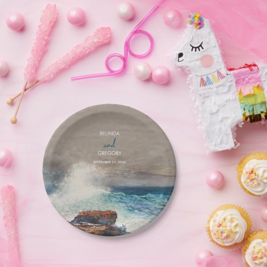 Waterverf Beach Ocean Waves Monogram Weddenschap Papieren Bordje (Feest)