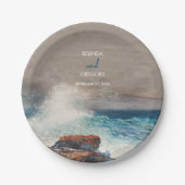 Waterverf Beach Ocean Waves Monogram Weddenschap Papieren Bordje (Voorkant)