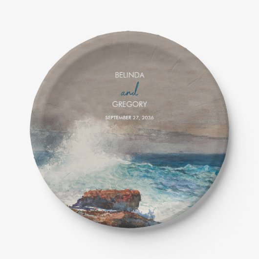 Waterverf Beach Ocean Waves Monogram Weddenschap Papieren Bordje (Voorkant)