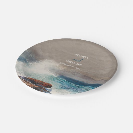 Waterverf Beach Ocean Waves Monogram Weddenschap Papieren Bordje (Gekanteld)