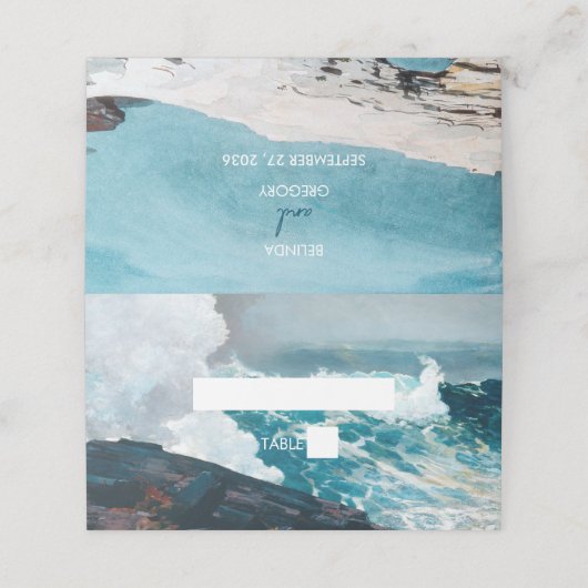 Waterverf Beach Ocean Waves Monogram Weddenschap Plaatskaartje (Buitenkant ongevouwen)