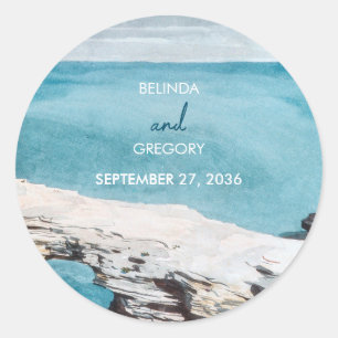 Waterverf Beach Ocean Waves Monogram Weddenschap Ronde Sticker