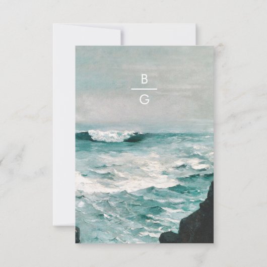 Waterverf Beach Ocean Waves Monogram Weddenschap RSVP Kaartje (Achterkant)