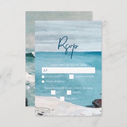 Waterverf Beach Ocean Waves Monogram Weddenschap RSVP Kaartje (Voorkant / Achterkant)
