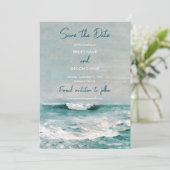Waterverf Beach Ocean Waves Monogram Weddenschap Save The Date (Staand voorkant)