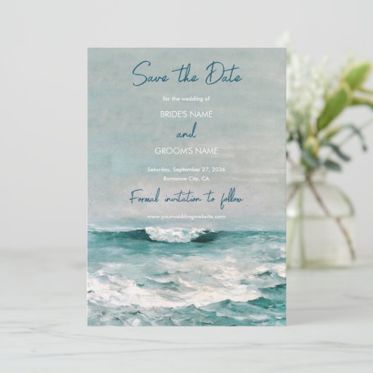 Waterverf Beach Ocean Waves Monogram Weddenschap Save The Date (Staand voorkant)