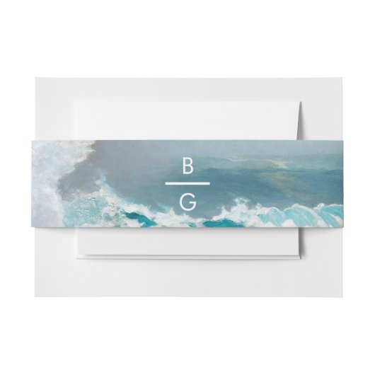 Waterverf Beach Ocean Waves Monogram Weddenschap Uitnodigingen Wikkel (Voorkant Voorbeeld)