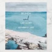 Waterverf Beach Ocean Waves Monogram Weddenschap Wijn Etiket (Enkel label)