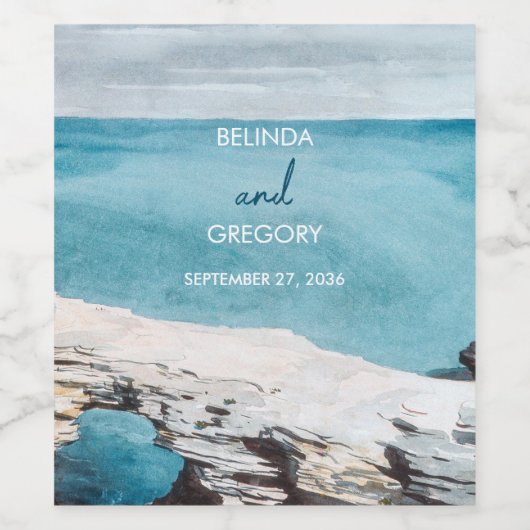 Waterverf Beach Ocean Waves Monogram Weddenschap Wijn Etiket (Enkel label)