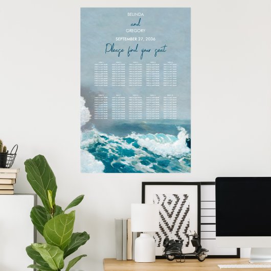 Waterverf Beach Ocean Waves Wedding Seding Chart Poster (Thuiskantoor)
