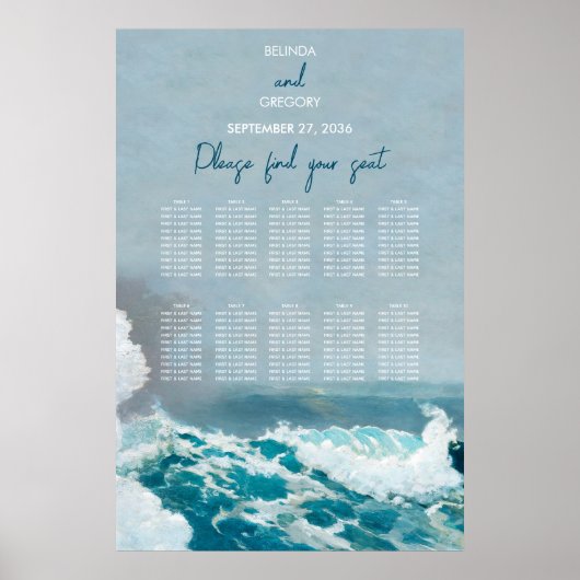 Waterverf Beach Ocean Waves Wedding Seding Chart Poster (Voorkant)