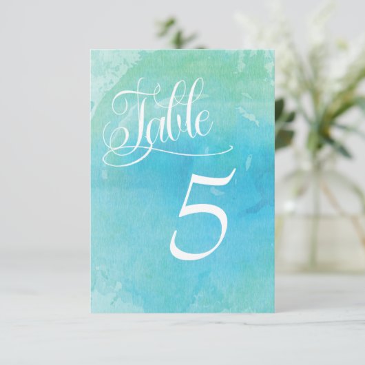 Waterverf Beach Ocean Wedding Table Number Kaart (Staand voorkant)