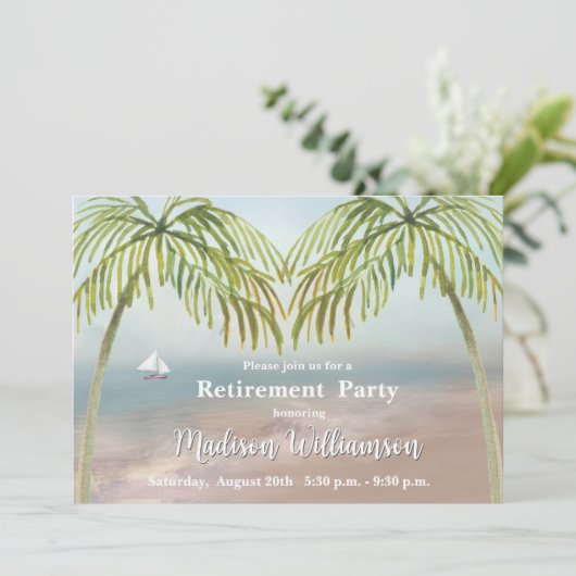 Waterverf Beach Palm Trees Retirement Party Kaart (Staand voorkant)