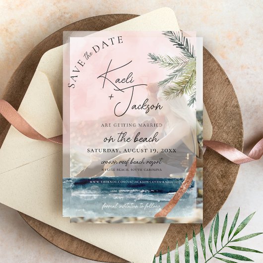 Waterverf Beach Palm Trees Wedding Save the Date Vellum Uitnodigingen