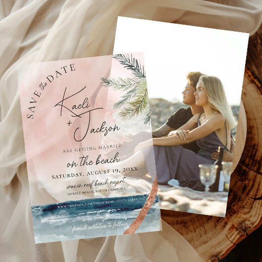 Waterverf Beach Palm Trees Wedding Save the Date Vellum Uitnodigingen