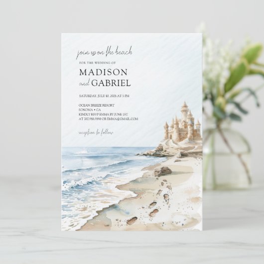 Waterverf Beach Sand Castle Bruiloft Kaart (Staand voorkant)