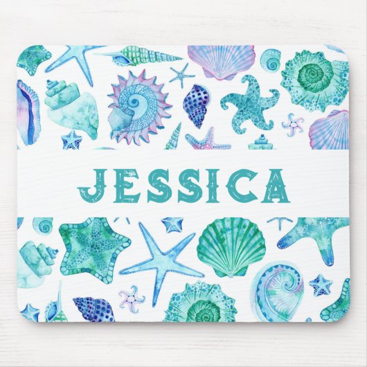 Waterverf Beach Sea Shells en Starfish Monogram Muismat (Voorkant)