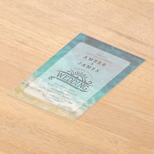 Waterverf Beach Shore Line Art Wedding Acryl Uitnodigingen (Laagn)