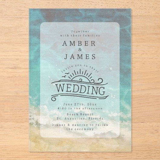 Waterverf Beach Shore Line Art Wedding Acryl Uitnodigingen (Voorkant)
