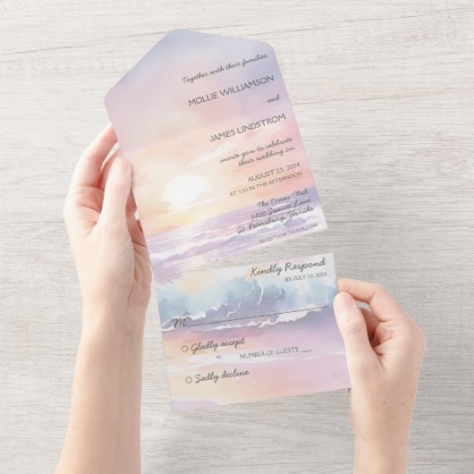 Waterverf Beach Sunset Alles in een bruiloft uitno All In One Uitnodiging (Afscheurbaar)