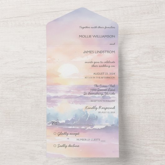 Waterverf Beach Sunset Alles in een bruiloft uitno All In One Uitnodiging (Binnen)