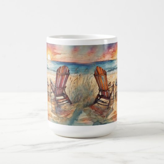 Waterverf Beach Sunset Coffee Mok, Ocean Waves Koffiemok (Center)