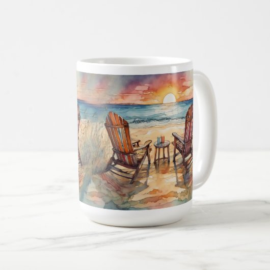 Waterverf Beach Sunset Coffee Mok, Ocean Waves Koffiemok (Voorkant rechts)