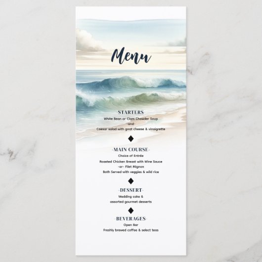 Waterverf Beach Waves Kustbruiloft Menu (Voorkant)