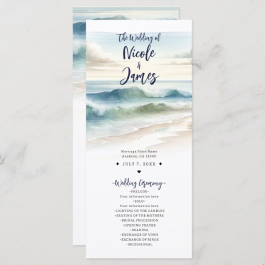 Waterverf Beach Waves Kustbruiloft Programma Programmakaart (Voorkant / Achterkant)