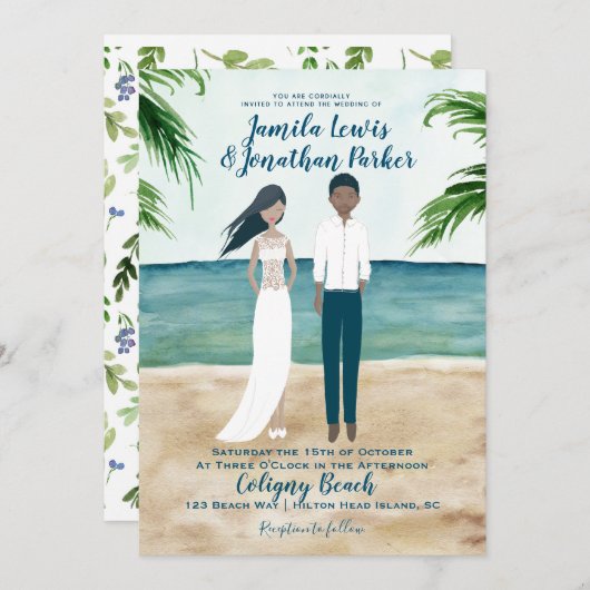 Waterverf Beach Weddenschap Black Couple Kaart (Voorkant / Achterkant)