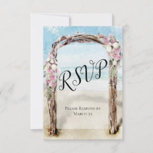 Waterverf Beach Wedding Arch met Rozen RSVP Kaartje