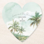 Waterverf Beach Wedding Heart Kartonnen Onderzetters<br><div class="desc">Vier uw romance aan zee met onze "Liefde en het strand" Waterverf Hart Onderzetters. Deze charmante onderzetters zijn ontworpen om een persoonlijk en praktisch tintje aan uw strandbruiloft toe te voegen, met een delicaat waterverf palmboomhart in dromerige tropische greens en zandneutralen. Gepersonaliseerd met uw namen, zijn deze onderzetters een perfecte...</div>