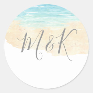 Waterverf Beach Wedding initialen Name Favors Ronde Sticker