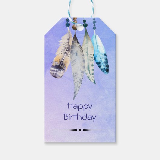 Waterverf Beads 'n Feathers Happy Birthday Cadeaulabel (Voorkant)