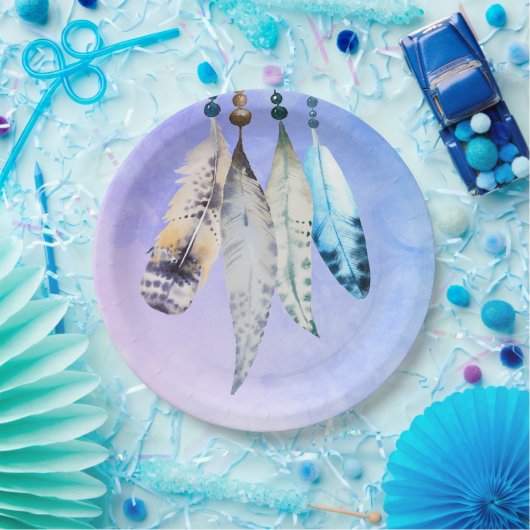 Waterverf Beads 'n Veters op Bluish Paars Papieren Bordje (Feest)