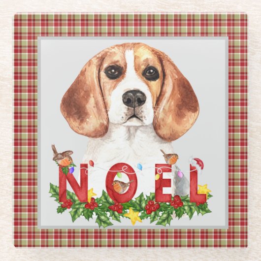 Waterverf Beagle & KerstBouquet Glazen Onderzetter (Voorkant)