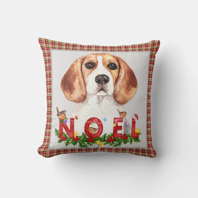 Waterverf Beagle & KerstBouquet Kussen (Voorkant)