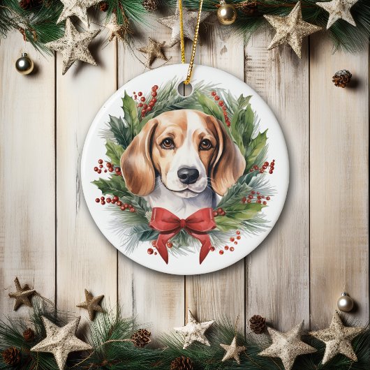 Waterverf Beagle Red Bow Wreath Christmas Keramisch Ornament